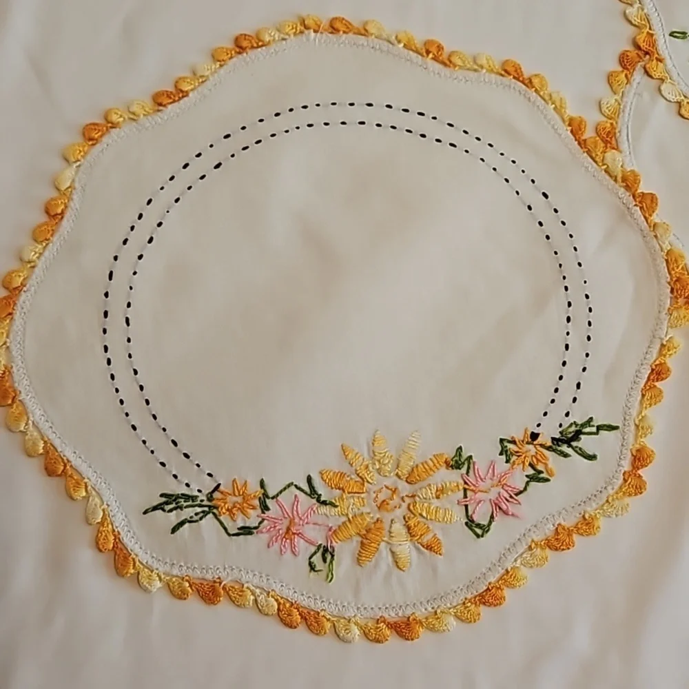 Hand Crafted Needlepoint Doily Circular Set-5 Botanical yellow floral farmhouse