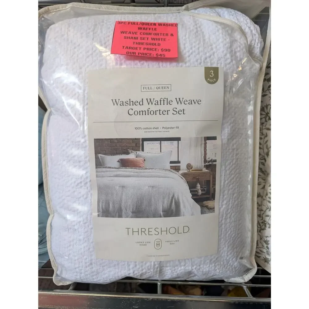 NWT Threshold 3pc Full/Queen Washed WaffleWeave Comforter and Sham Set White