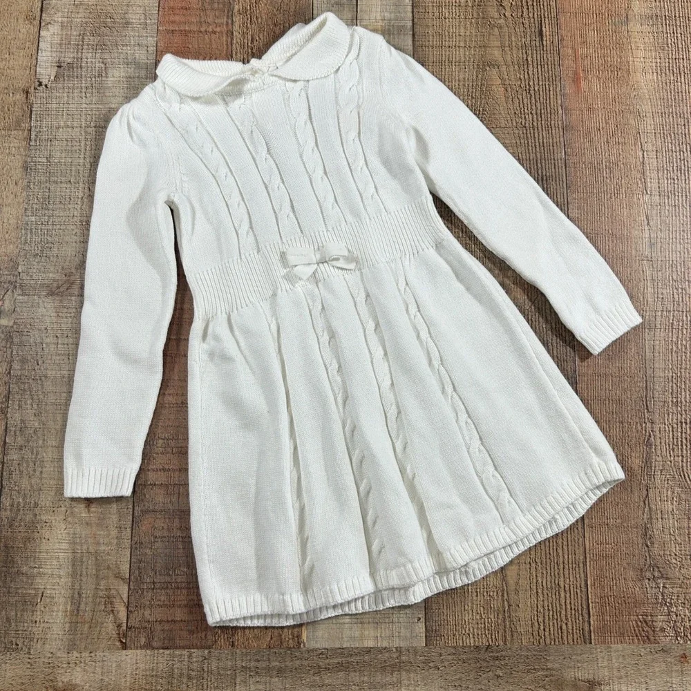 Gymboree Cable Knit Sweater Dress White Peter Pan Collar Bow 5T NWT New