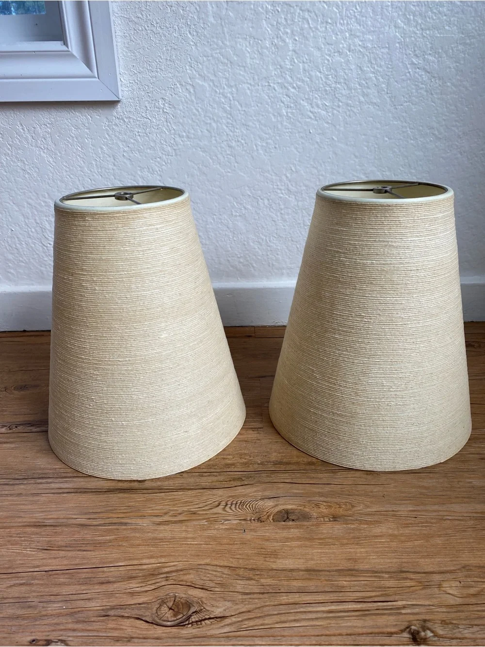 EUC True Vintage MCM Lotte Bostlund Set 2 Fiberglass Jute String 13” Lampshades