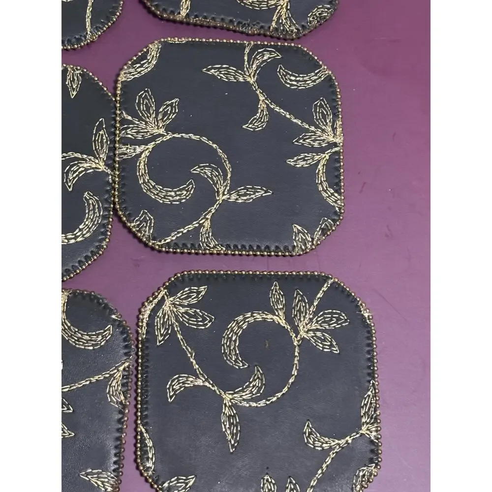 Lot Set of 6 Black Gold Silver Embroidered Coasters