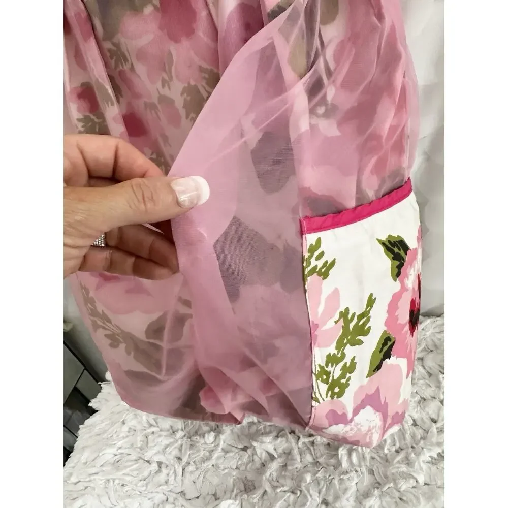 VTG HANDMADE Pink Rose Chintz Hostess Apron Chiffon Accents Reversible Country