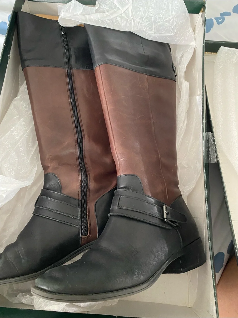 Ralph Lauren Two-Tone Brown and Black Leather Over-the-Knee Boots