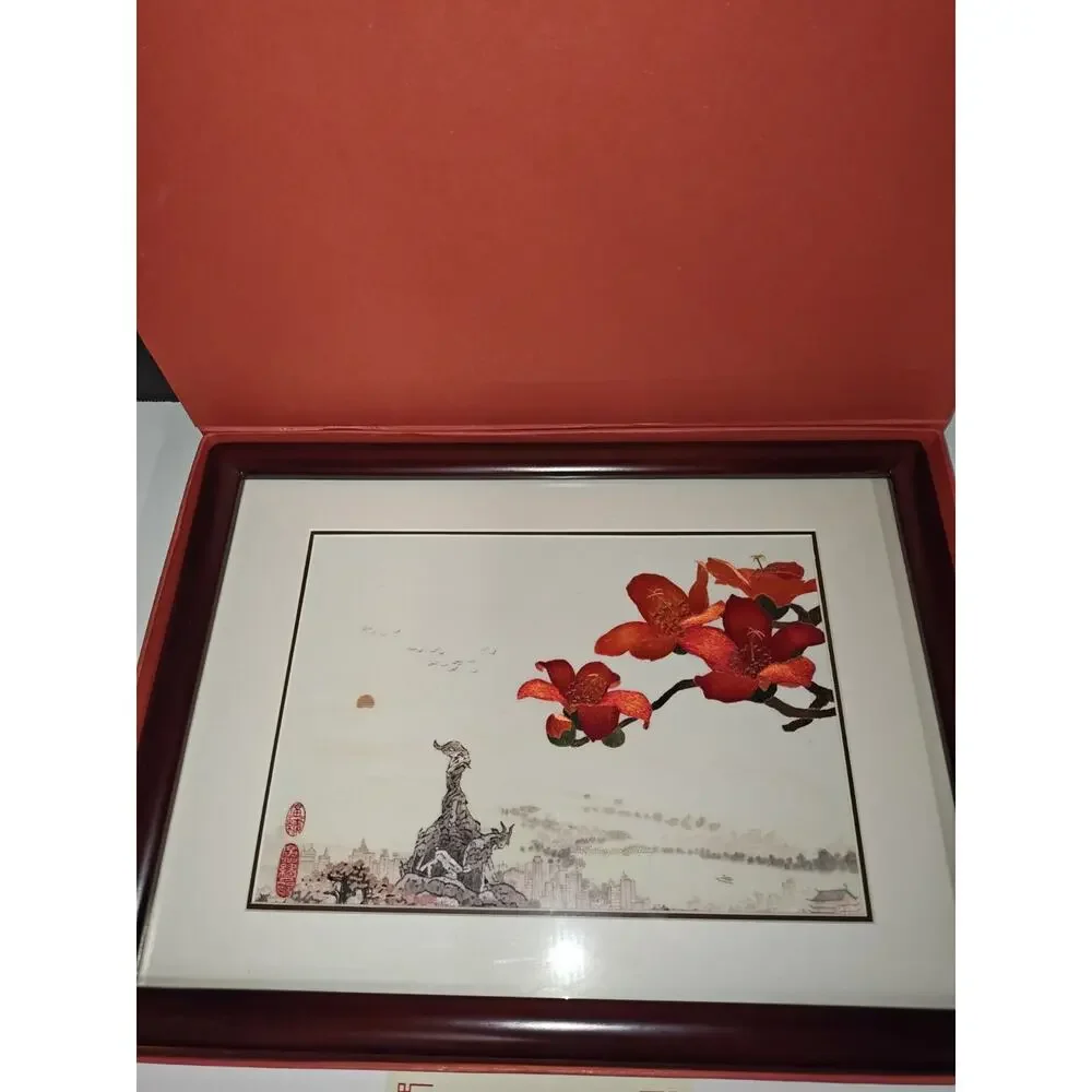 Cantonese Embroidery Kapok Silk Cotton Of South China Red Flowers Framed Decor