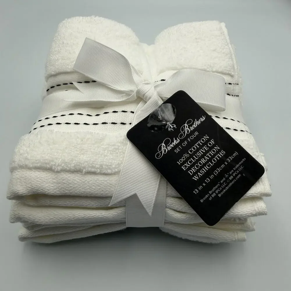 Brooks Brothers 100% Cotton Washcloths Set of 4 White Black Stitch 13x13