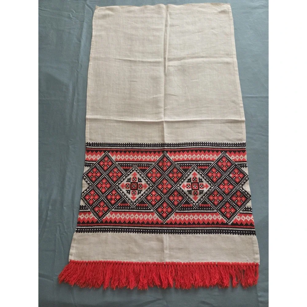 Vintage Ukrainian Rushnyk Embroidered Linen Towel, Red & Black Cross-Stitch Art