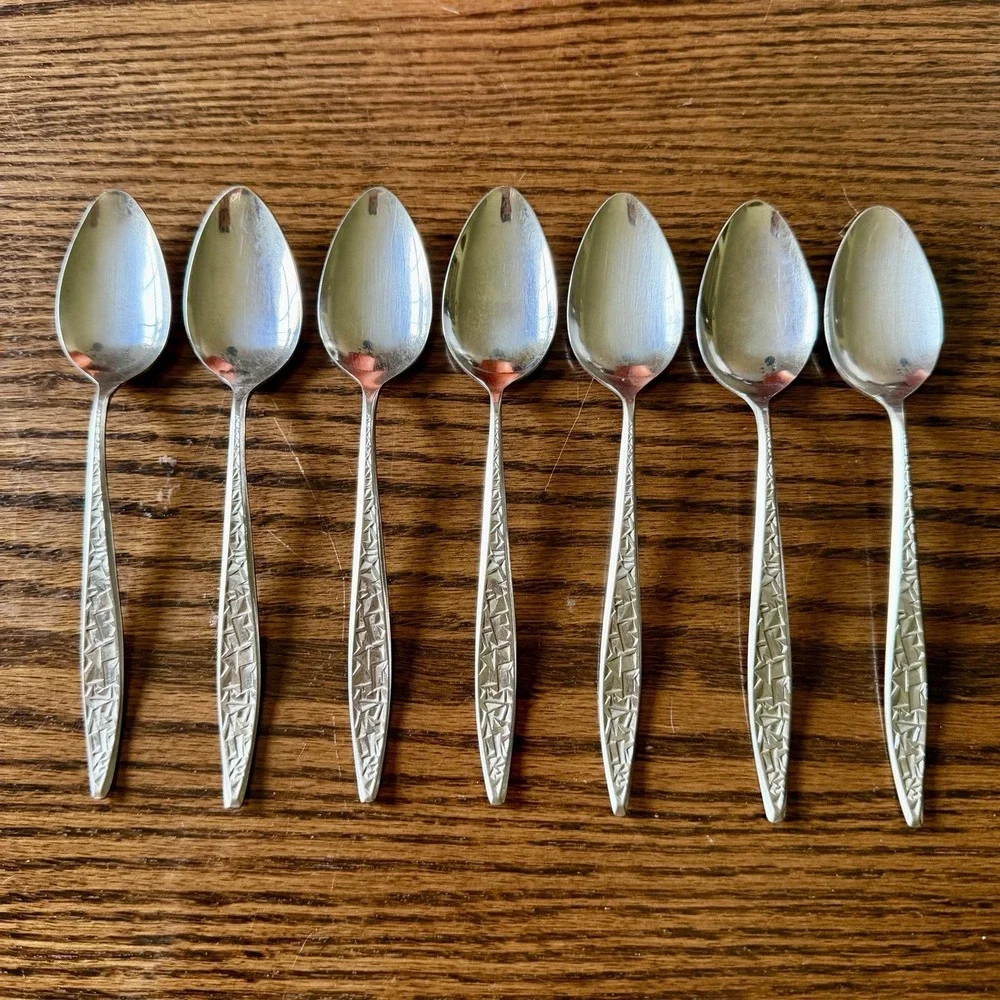Vintage EKCO Stainless Steel Teaspoons Set of 7 Mid Century Modern Geometric