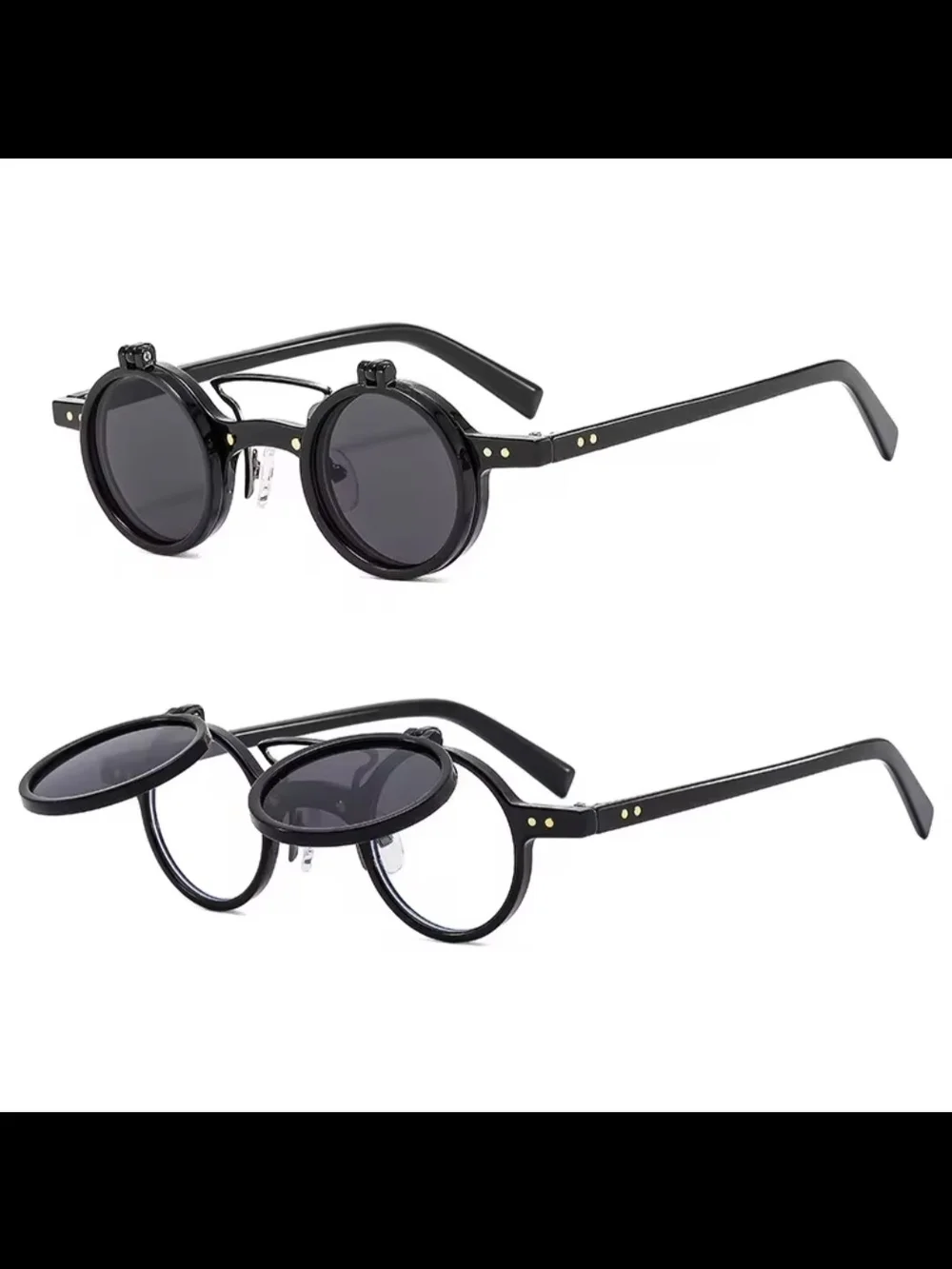 Men's Black Flip-Up Round Sunglasses