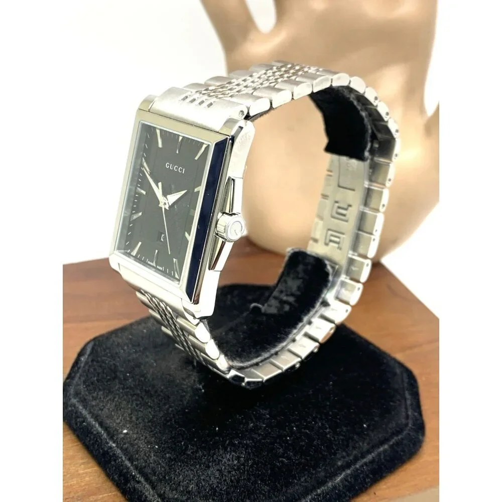 Gucci Men's Watch YA138401 G-Timeless Swiss Quartz Black Dial Silver Steel Tank