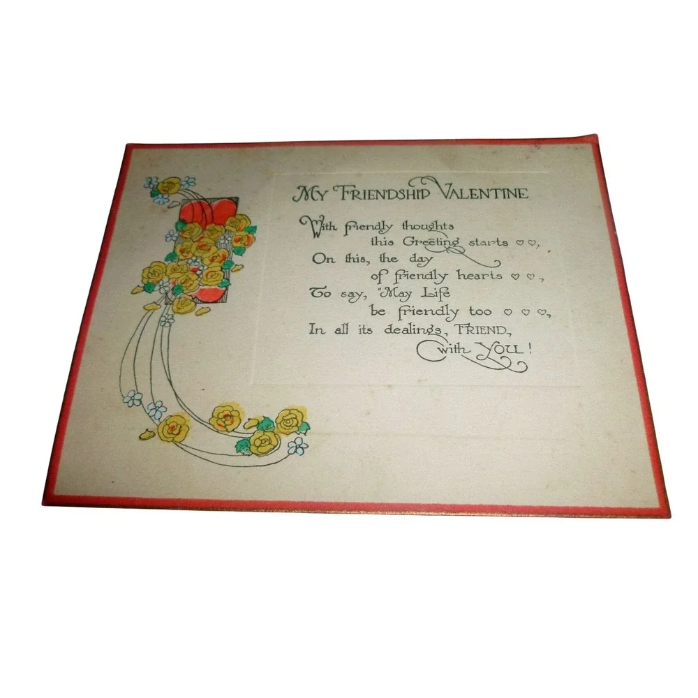 Vintage My Friendship Valentine Card Yellow Roses‎ Hearts Gartner Co Chicago USA