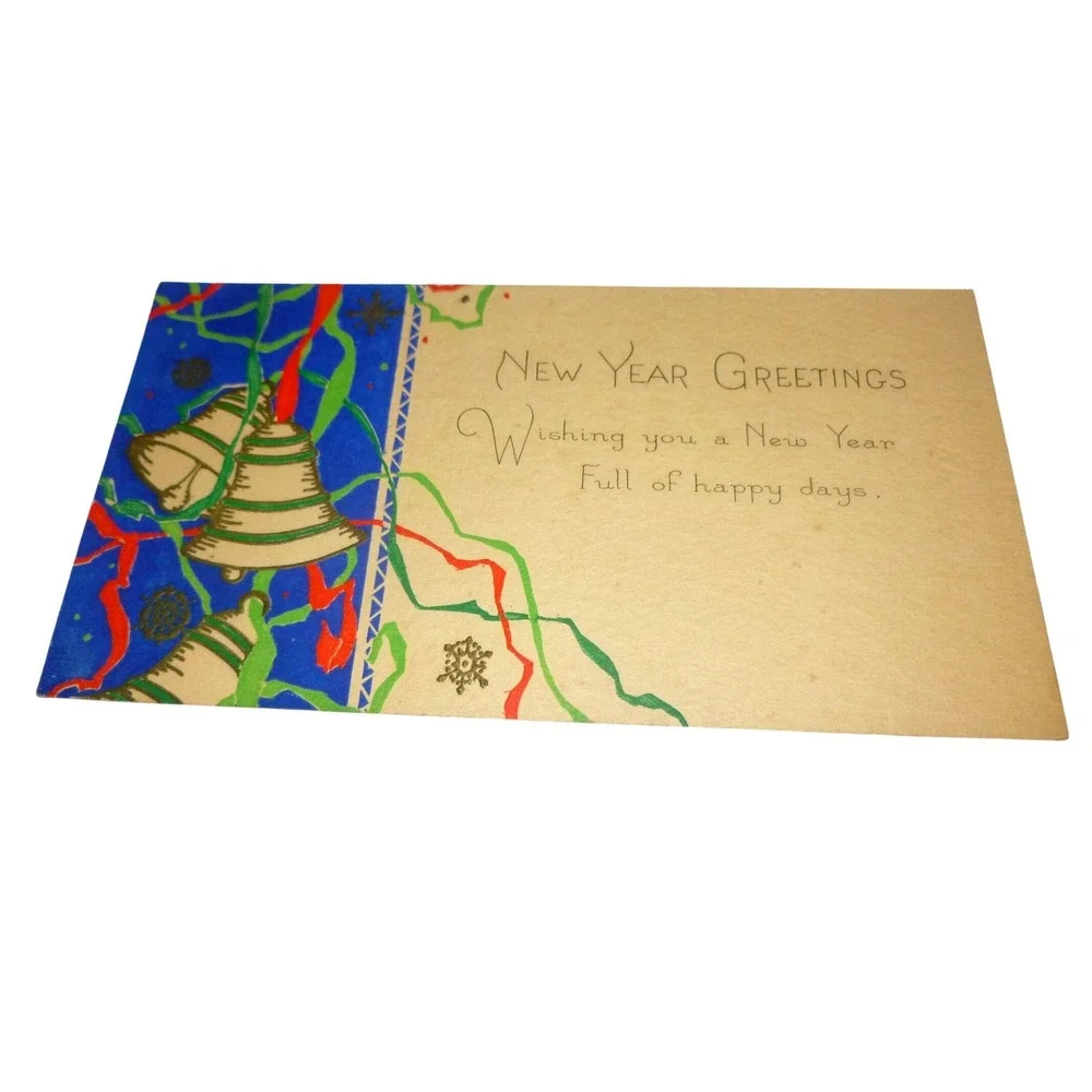 Vintage New Year‎ Greetings Card Bells Ribbons Art Deco Style Tan Blue 6x3.25in