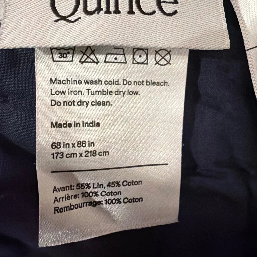 NEW Quince Hand Stitched Linen Cotton Quilt Set Twin Size Navy Blue Bedding 2pc