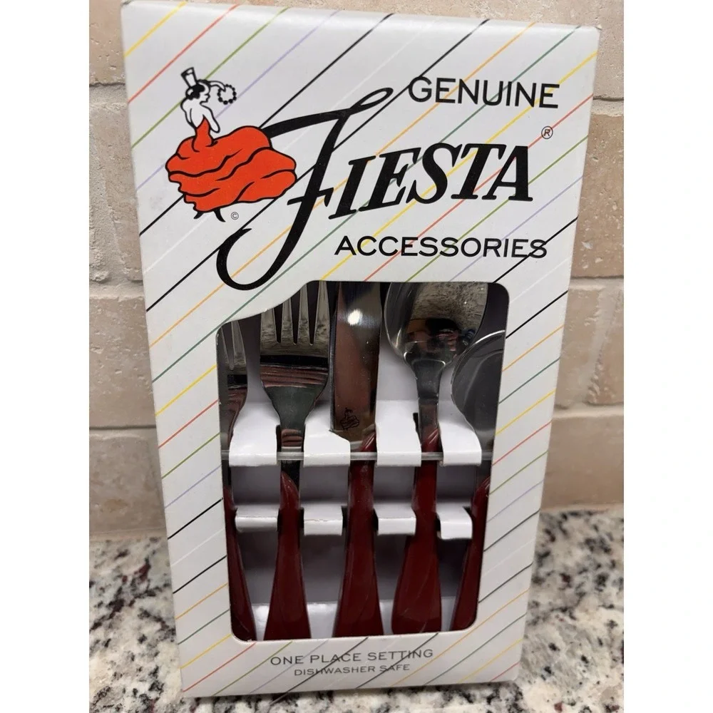 Vtg. Fiesta Fiestaware CINNABAR Maroon Swirl Stainless Flatware 5 Pc Setting NEW