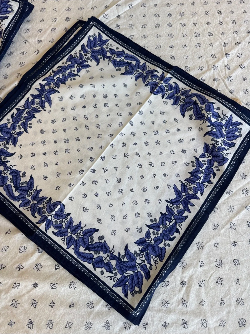 Williams Sonoma blue white French Provence floral block print tablecloth napkins