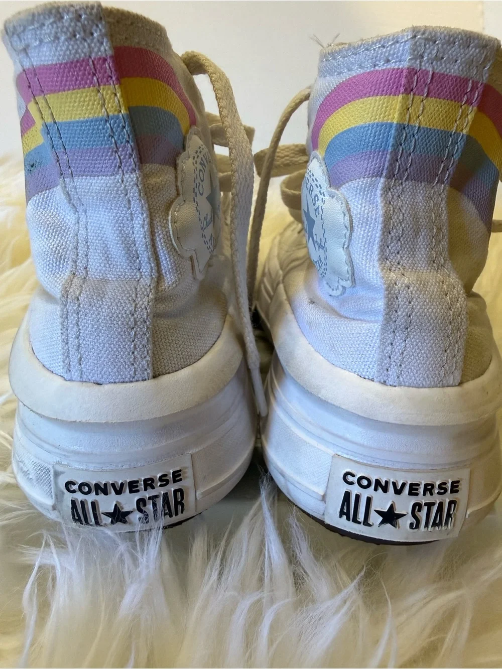 Kids Converse White High-Top Platform Sneakers with Rainbow Stripes
