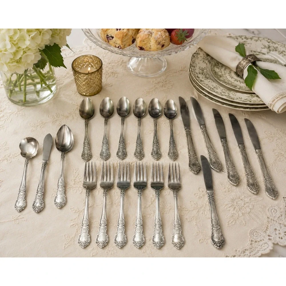 Vtg National Stainless Flatware Set 22pc Silverware Rose Floral Pattern Korea