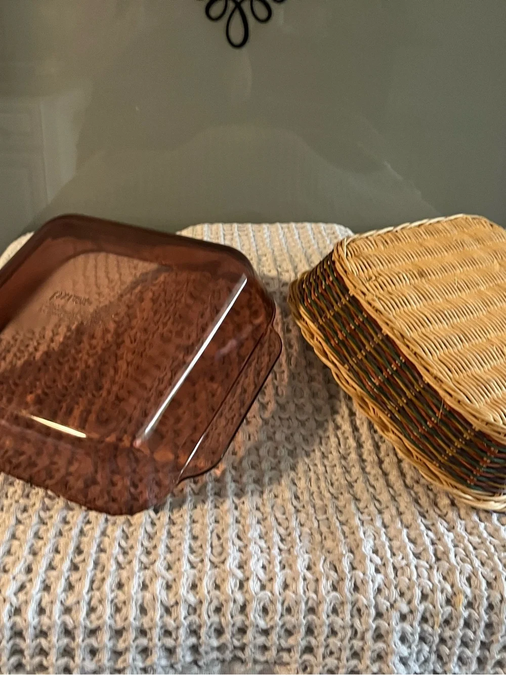 Vintage Pyrex 8 x 8 baking dish with basket amber color 411