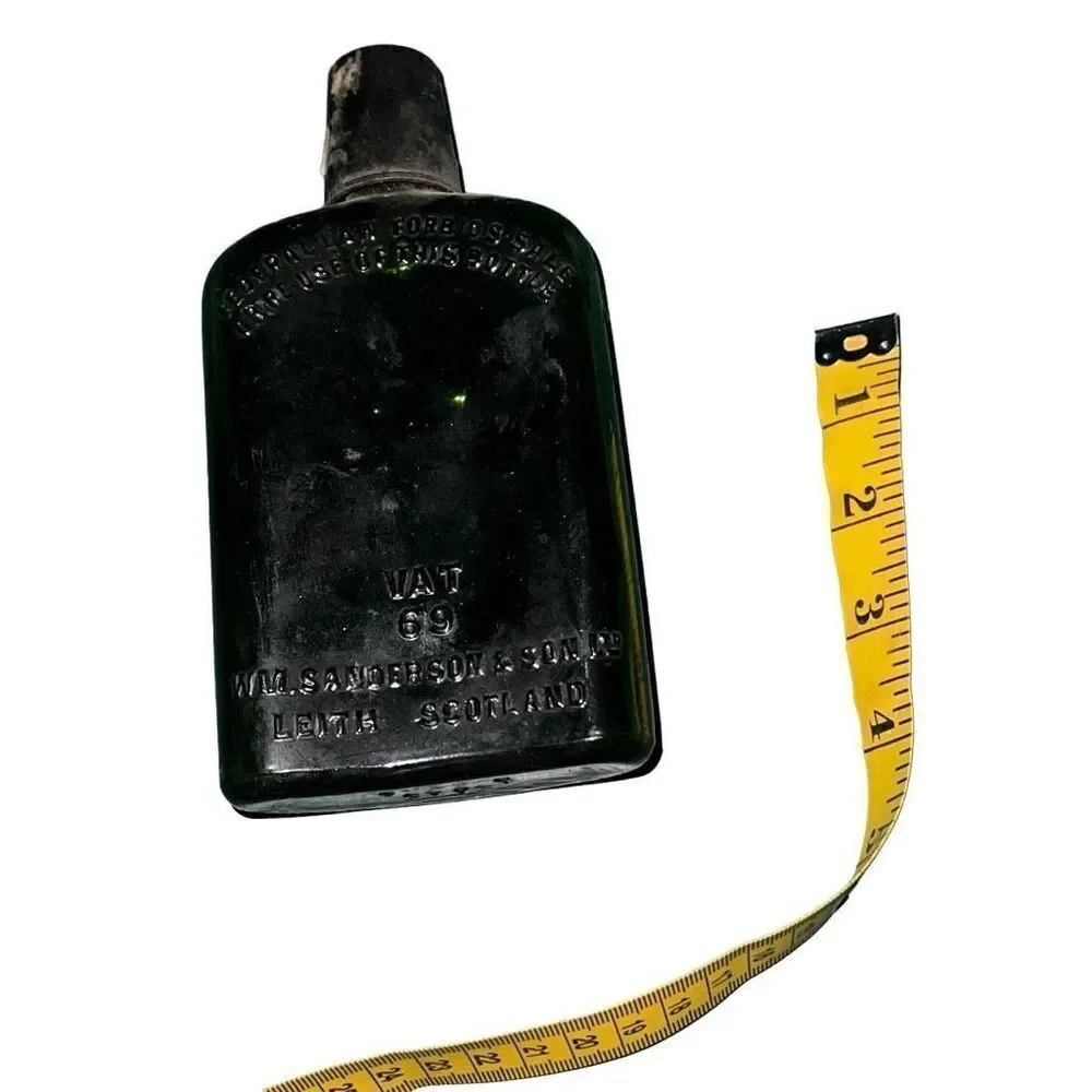 Antique Leith Scotland Black Glass Sanderson & Son Liquor Bottle Size 7” x 3.5”
