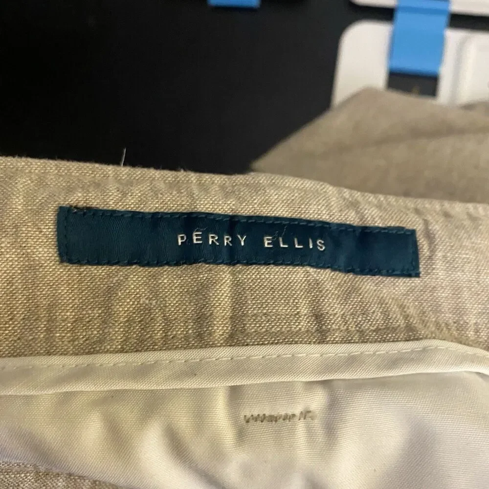Perry Ellis Pants Men 36x30 (38x29L) Beige Linen Blend Pockets Drawstring Casual