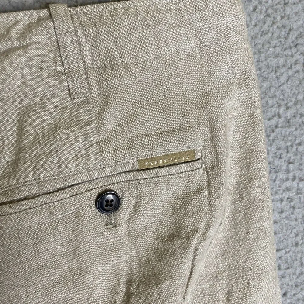 Perry Ellis Pants Men 36x30 (38x29L) Beige Linen Blend Pockets Drawstring Casual