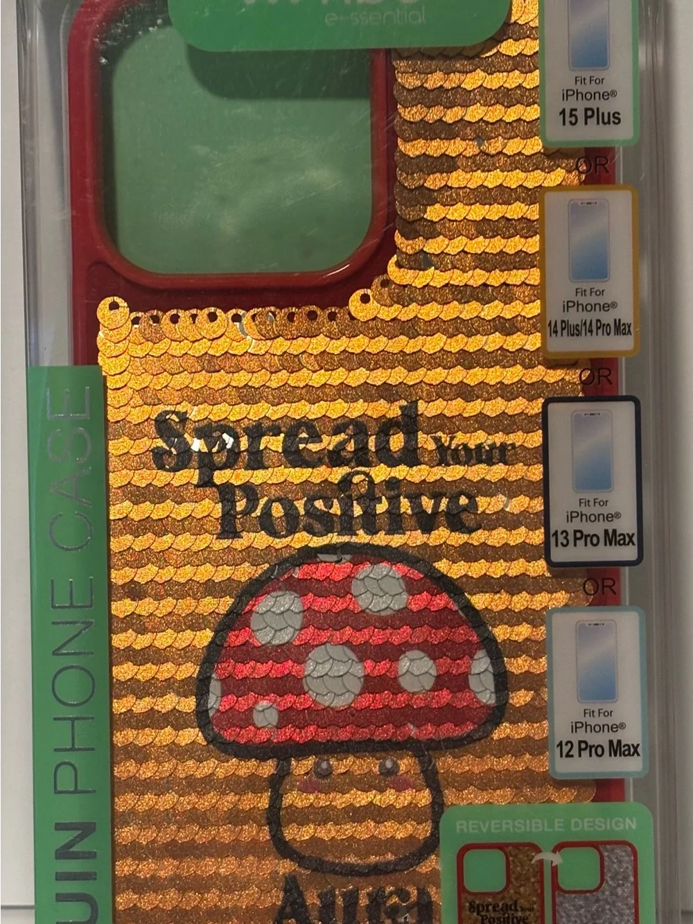 Gold Sequin Phone Case Mushroom Accent see description for phone models