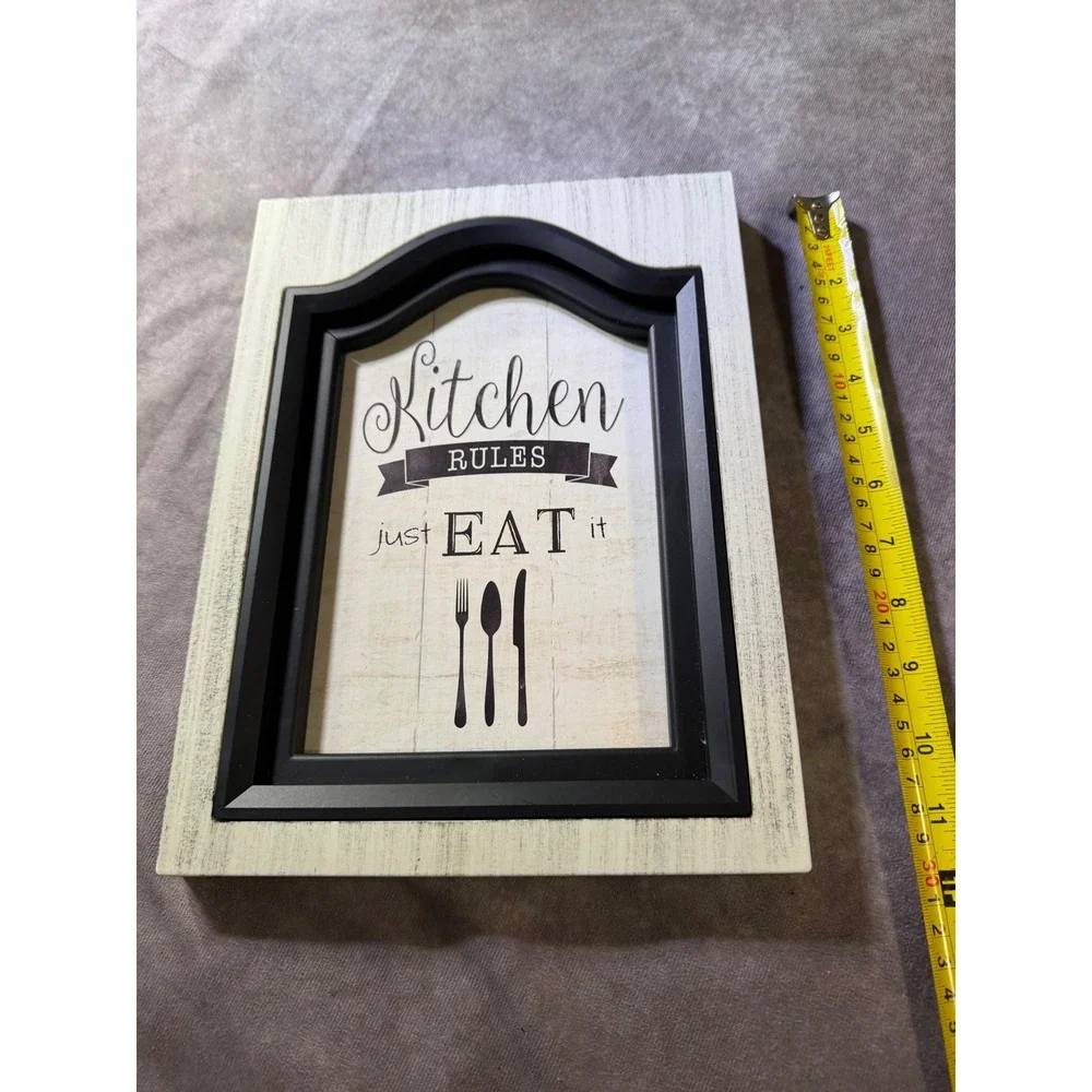 Kitchen Rules Just Eat It Wall Decor Farmhouse Wood Sign White Black 12x9