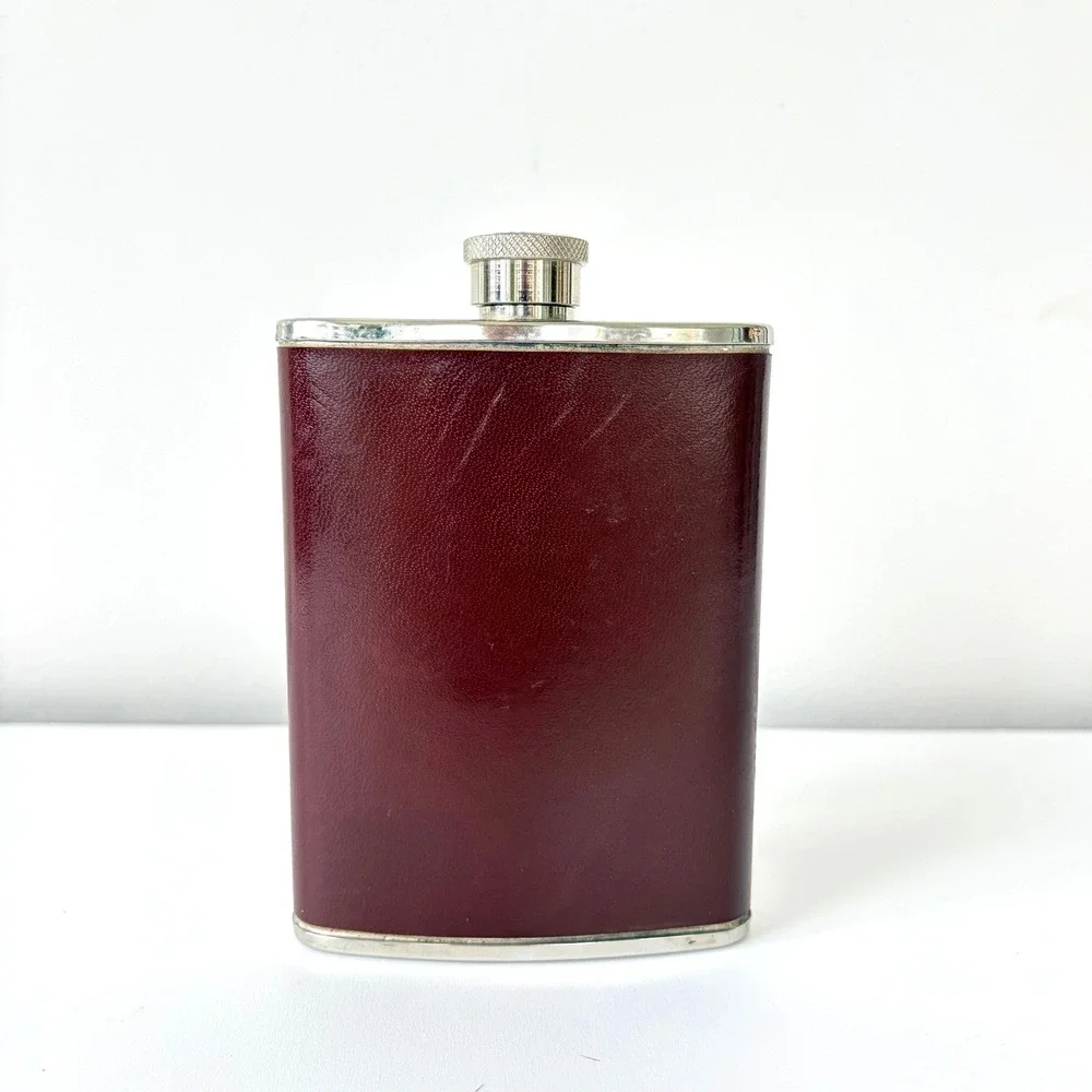 Vintage 6oz Stainless Steel Hip Flask Burgundy Leatherette Wrap Pocket Barware