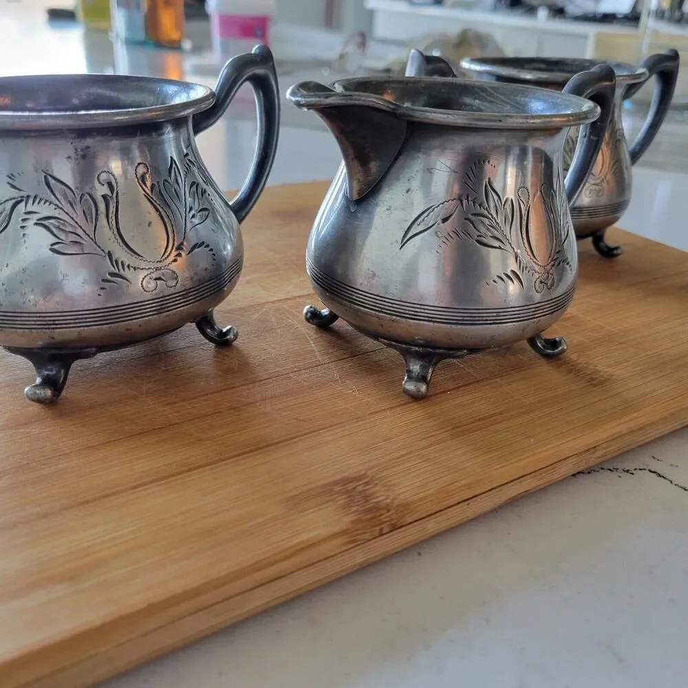 Vintage Beacon Silver Taunton Mass Quadruple Set of 3. Cream white brown sugar