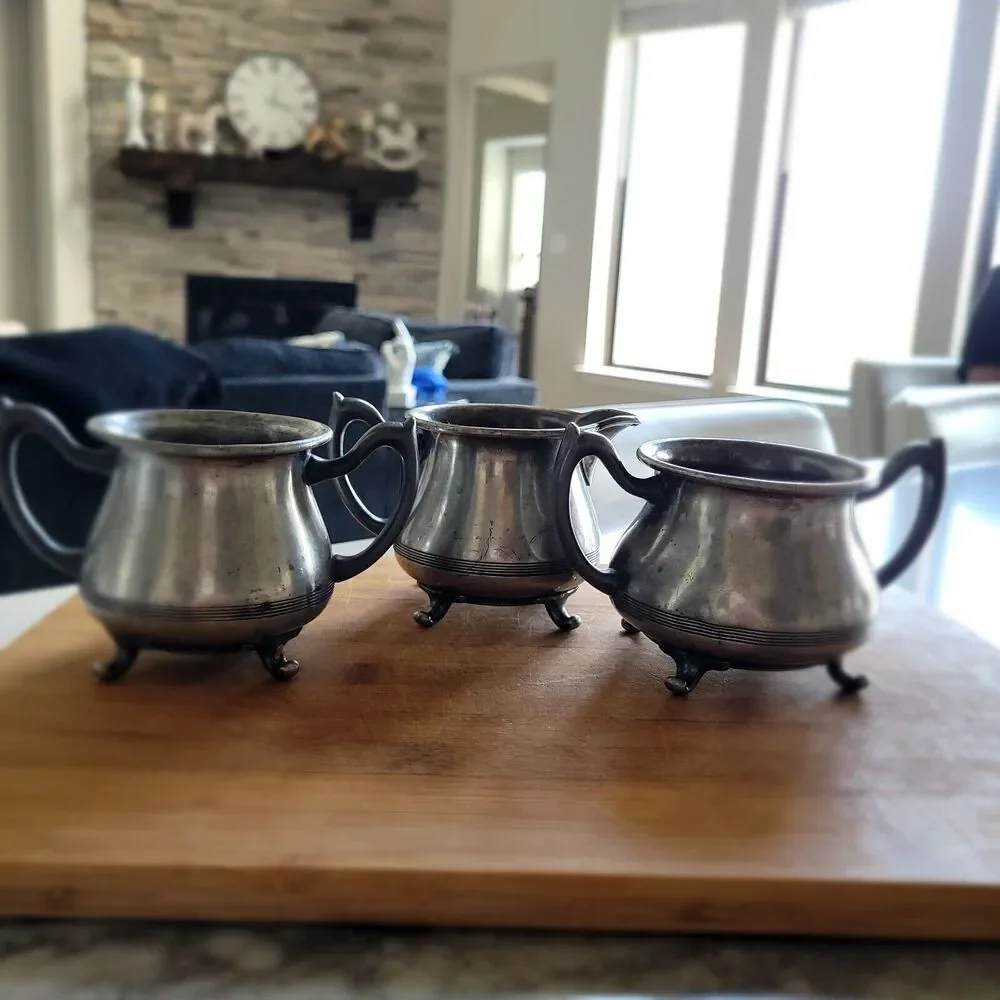 Vintage Beacon Silver Taunton Mass Quadruple Set of 3. Cream white brown sugar