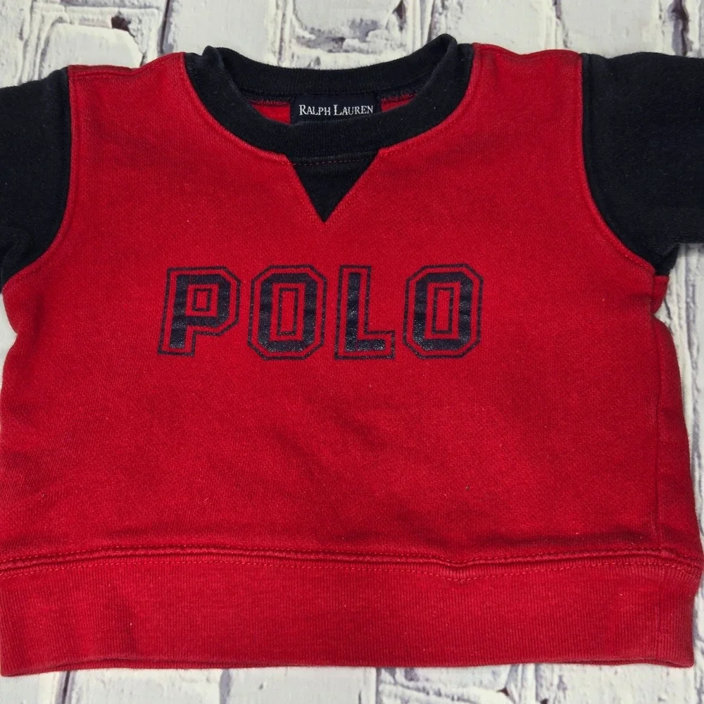 Vintage Y2K Ralph‎ Lauren Baby Red Navy Blue Polo Sweatshirt 3-6M Cotton Blend