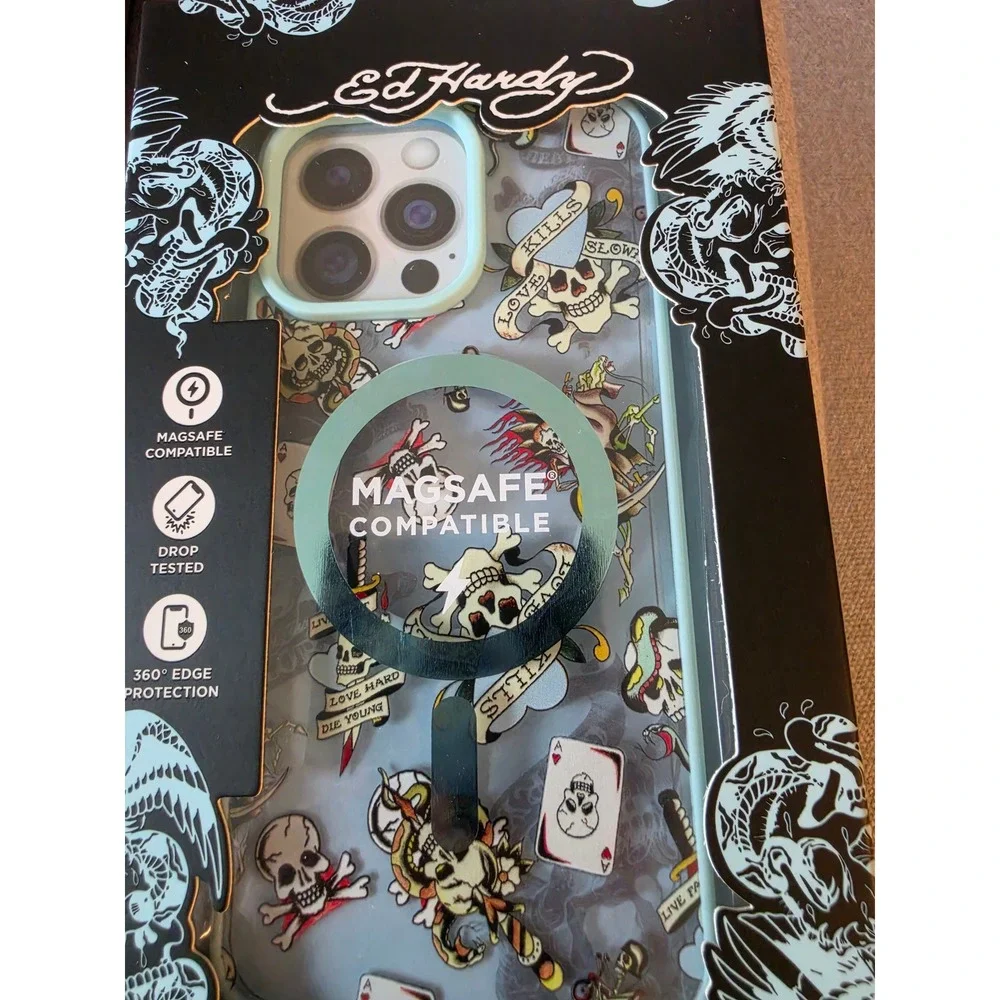 Ed Hardy iPhone 16 Pro Max Case MagSafe Tattoo Skull Blue NEW
