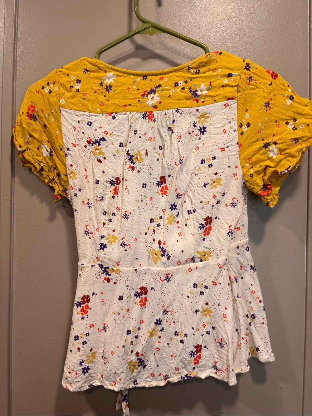 Anthropologie White Floral Wrap Top with Mustard Puff Sleeves
