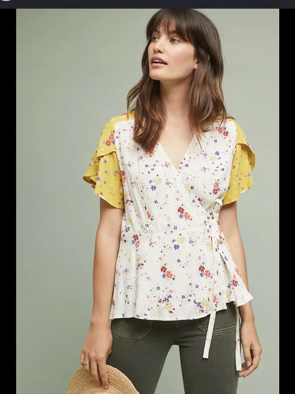 Anthropologie White Floral Wrap Top with Mustard Puff Sleeves