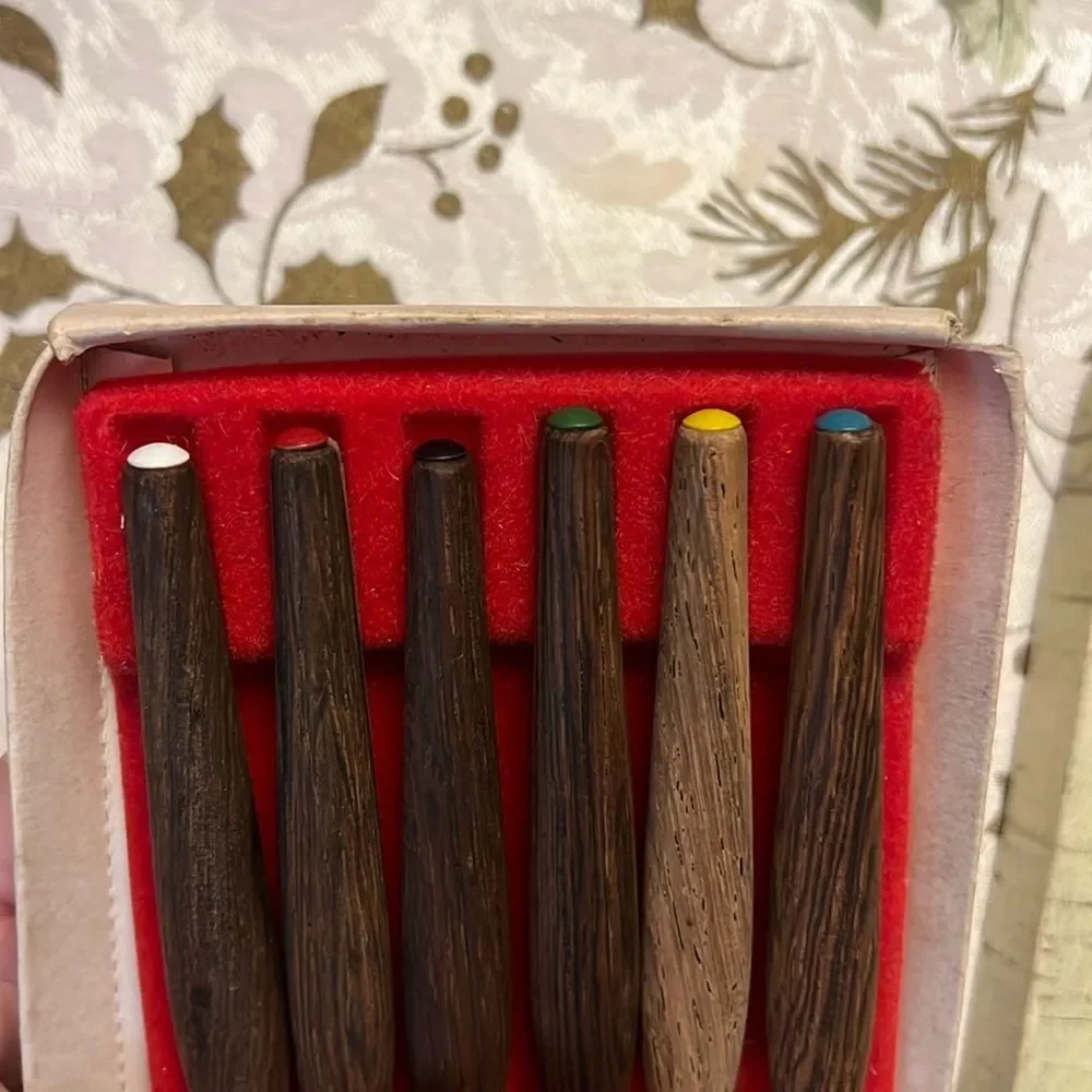 Stainless steel Fondue Forks 2 Prong Wood Handles with colored tip Mid Century