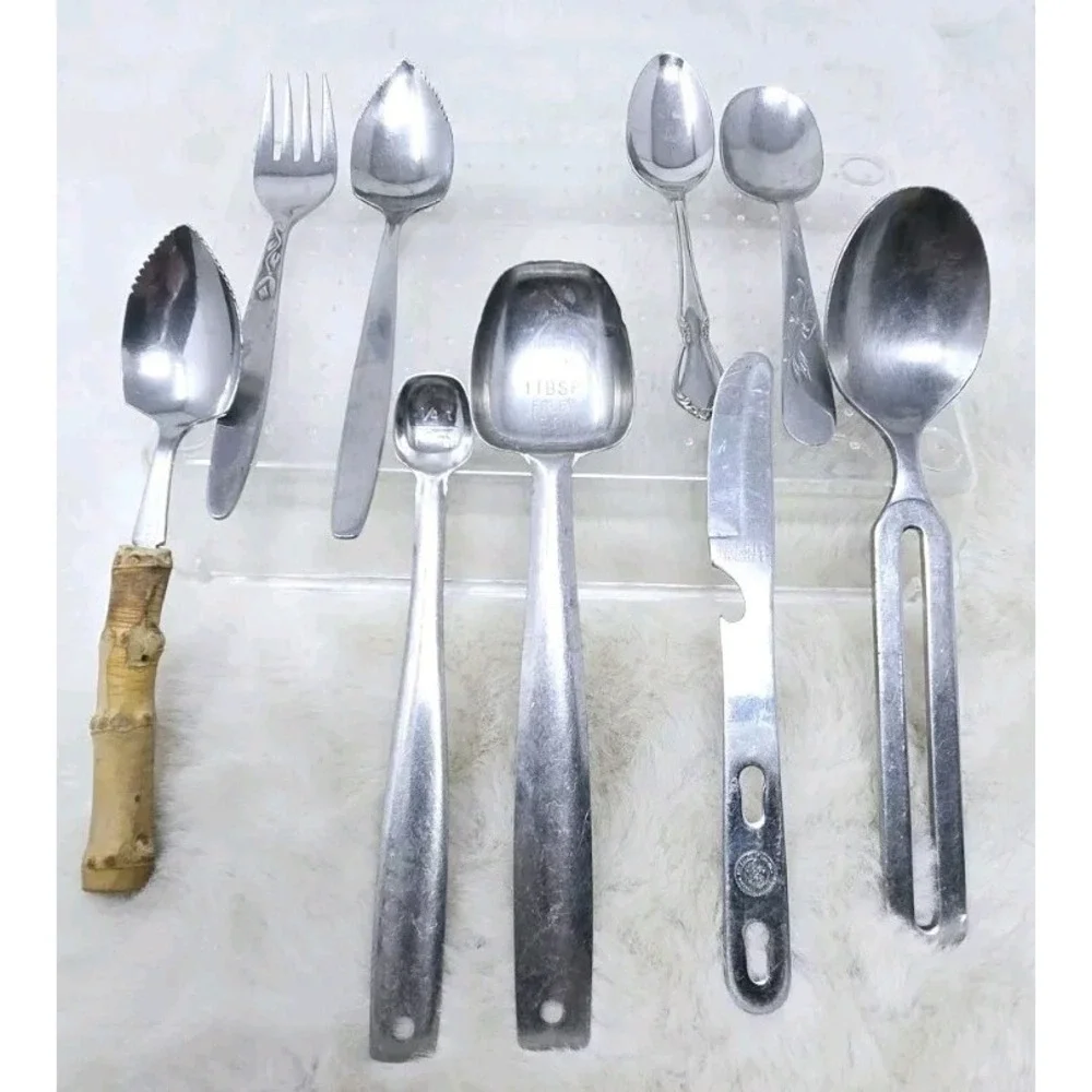 Vintage Stainless Steel Tableware Lot‎ Of 9 Various Brands/Patterns Bamboo