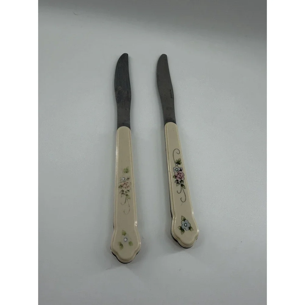 Pfaltzgraff Tea Rose Stainless Set of 2 Dinner Knives Vintage Flatware
