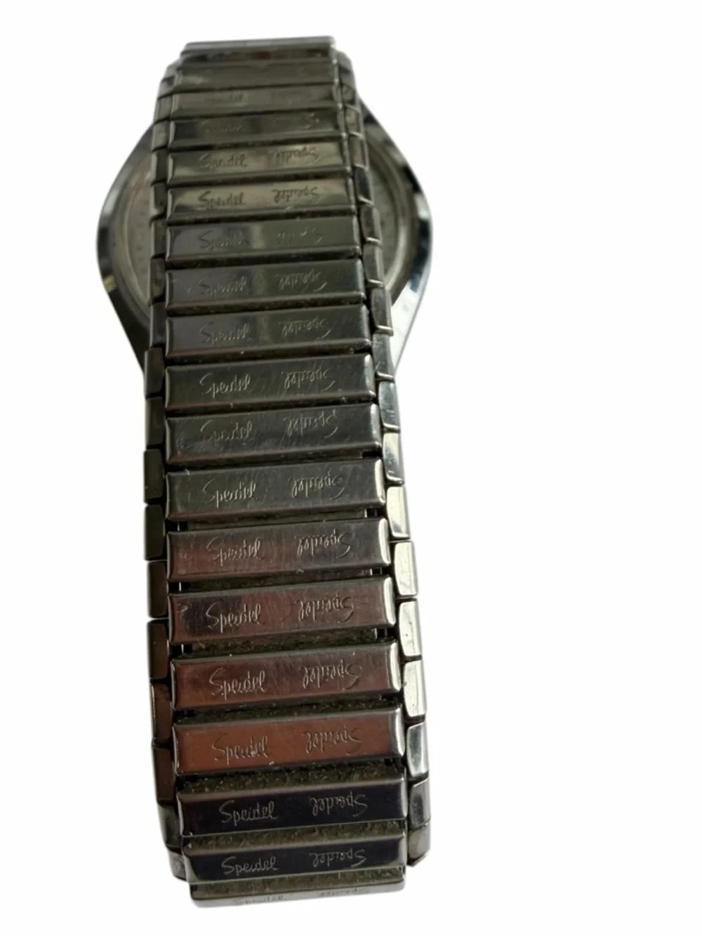 Vintage Pulsar Quartz Watch Day Date Silver Tone Stretch Band Needs Battery
