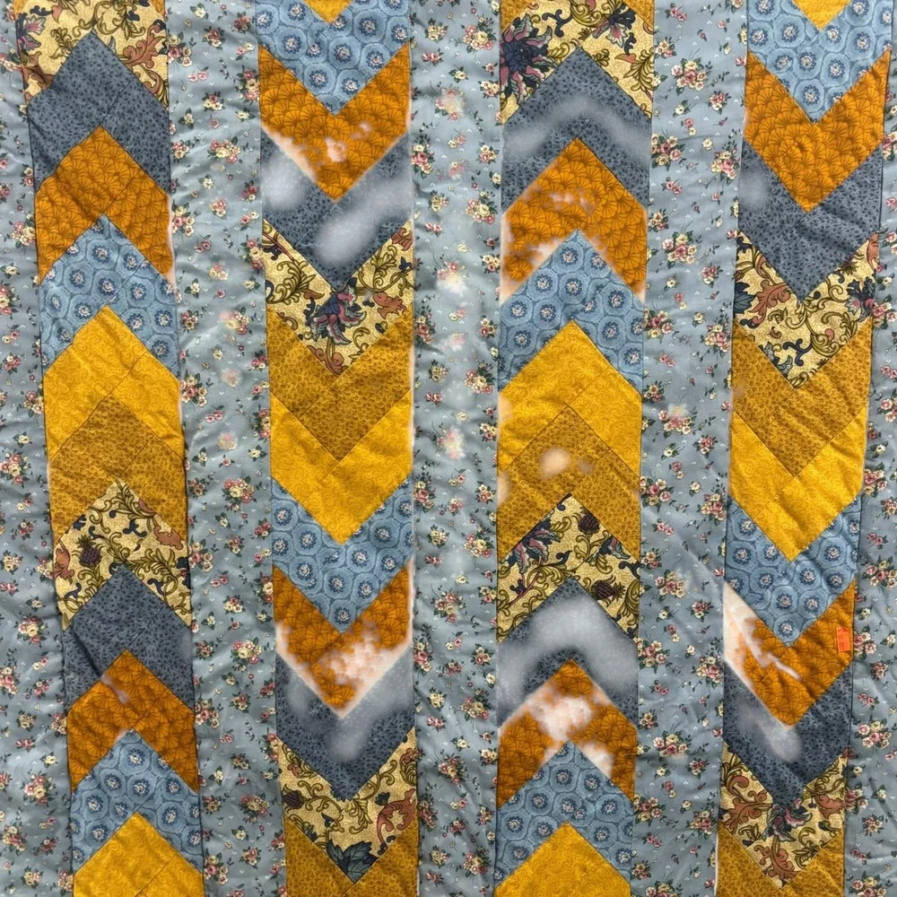 Handmade Chevron Quilted Wall Hanging Floral Patchwork Mustard Blue 33x48