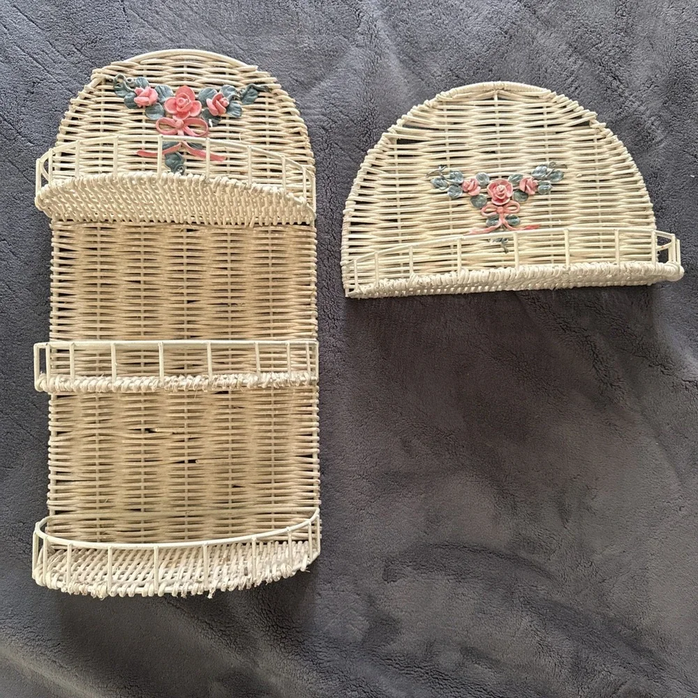White Flower Cottage Core Rattan Wicker 3 Tier Wall Shelf And Single
