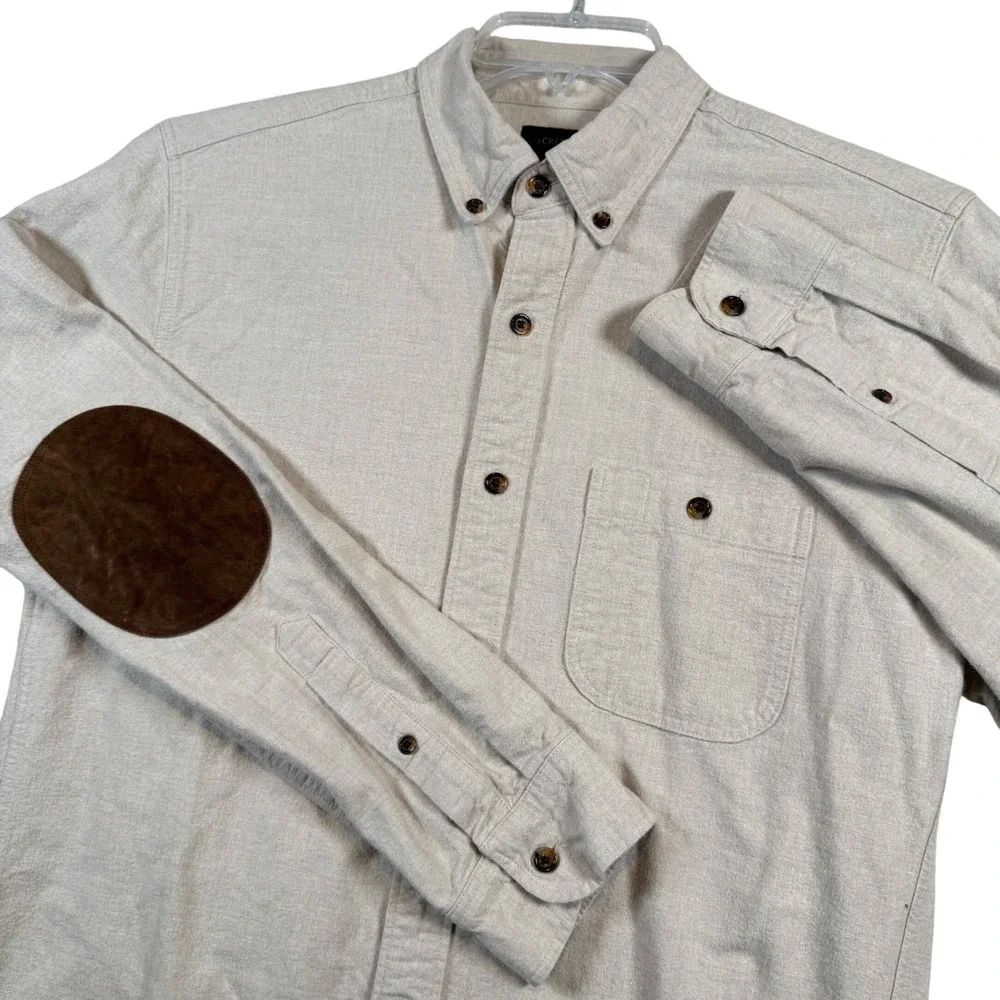 J Crew Mens Tan Button Down Shirt‎ with Suede Leather Elbow Patches Size Medium