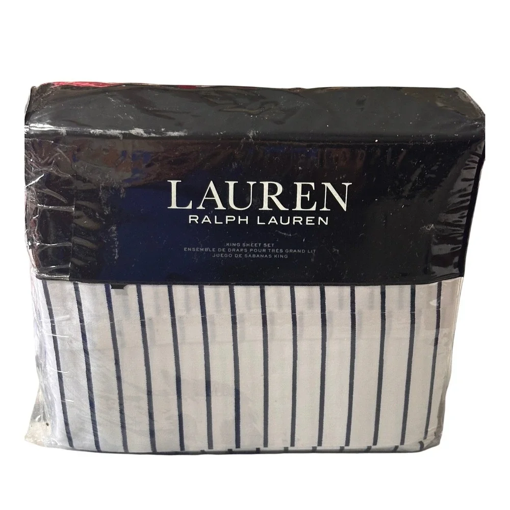 Ralph Lauren Spencer Stripe King Sheet Set Navy White NWT Sateen 100%‎ Cotton