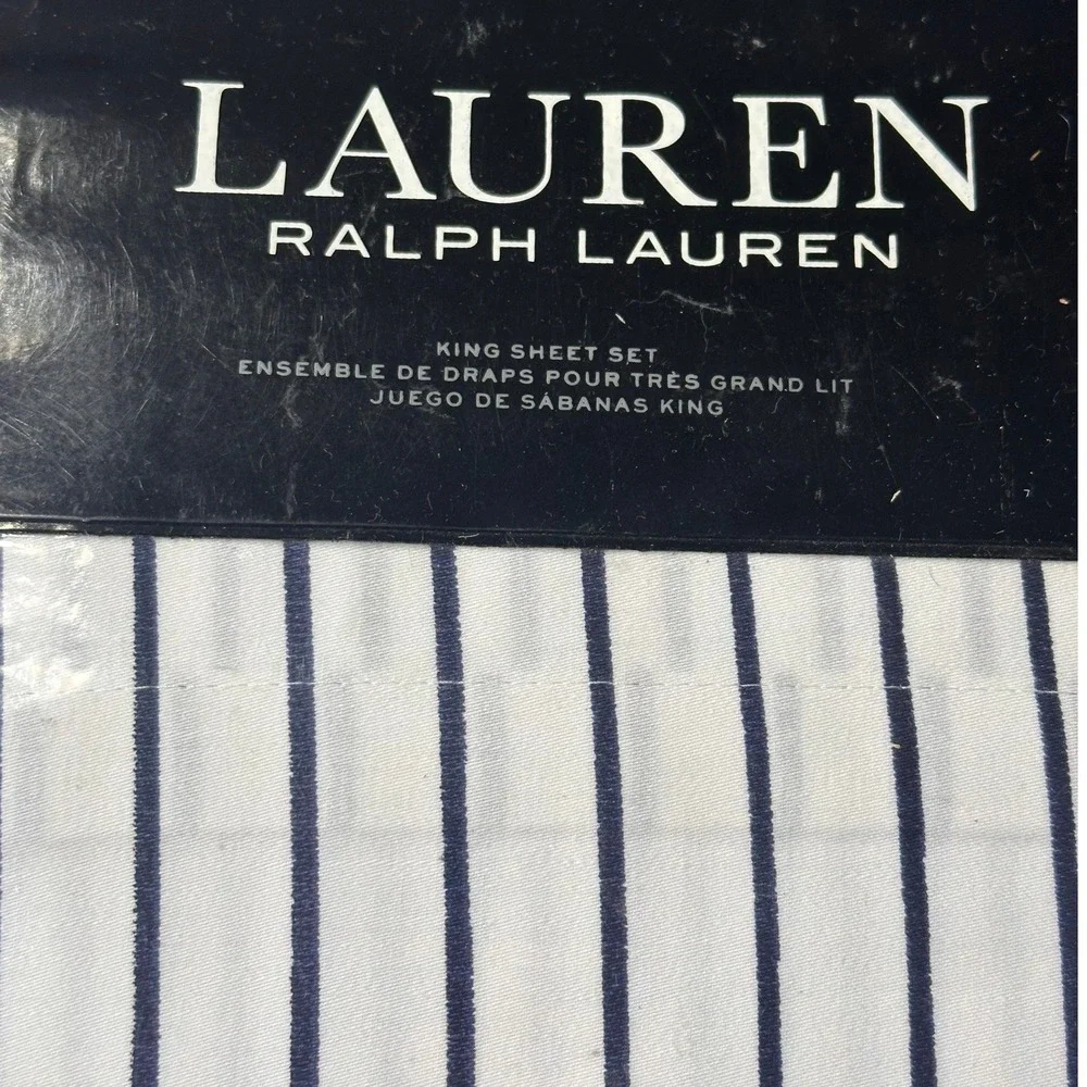 Ralph Lauren Spencer Stripe King Sheet Set Navy White NWT Sateen 100%‎ Cotton