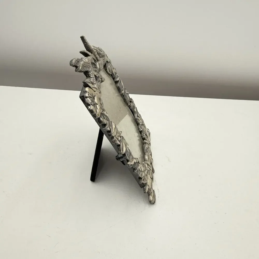 Vtg Pewter Small Picture Frame ~ 5”x3.5” Hummingbirds‎ Floral Leaves EUC