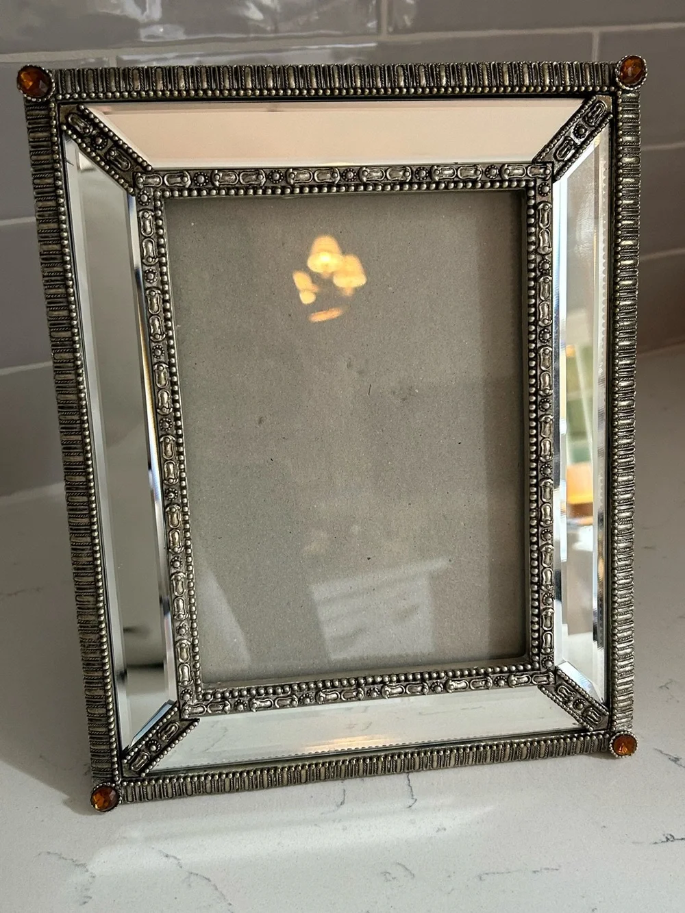 Ornate Silver Mirrored Photo Frame with Amber Crystal Accents