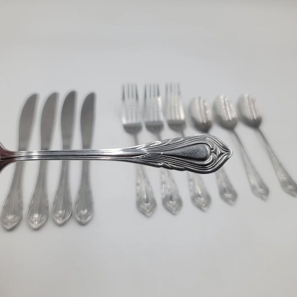 11pc Stainless Steel Art Deco Flatware Set China 012 Scroll Teardrop Pattern