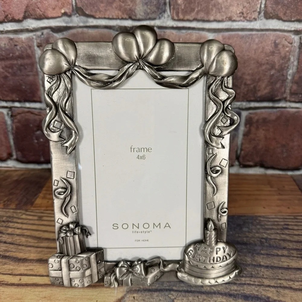 Happy Birthday Pewter Photo Frame 4 X 6 Picture Sonoma Lifestyle‎ Cake Balloons