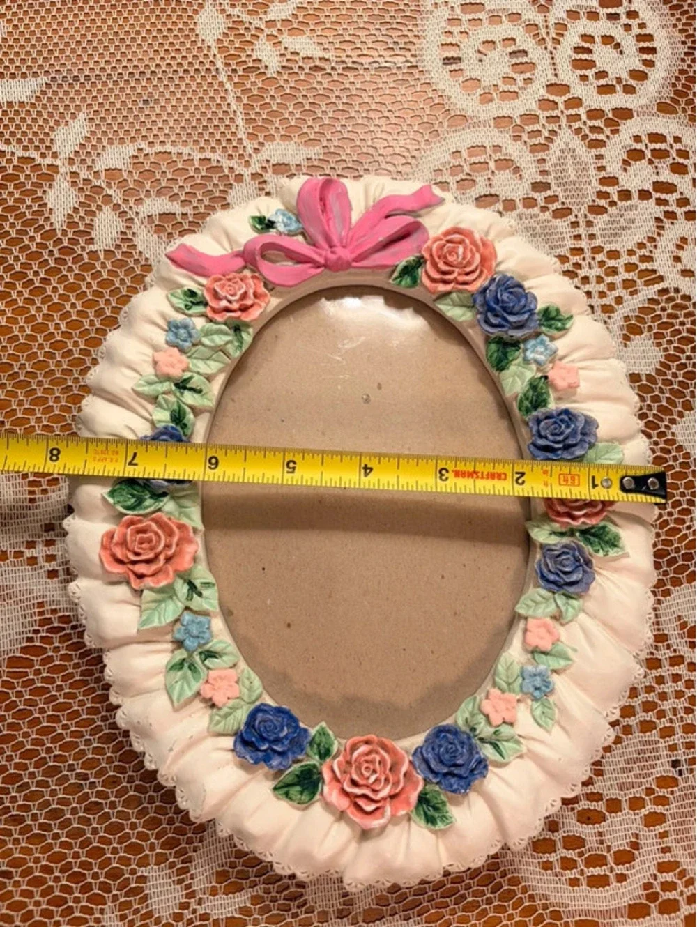 Vintage Floral Resin Picture Frame Pink Blue Roses Cottagecore 5x7 Oval