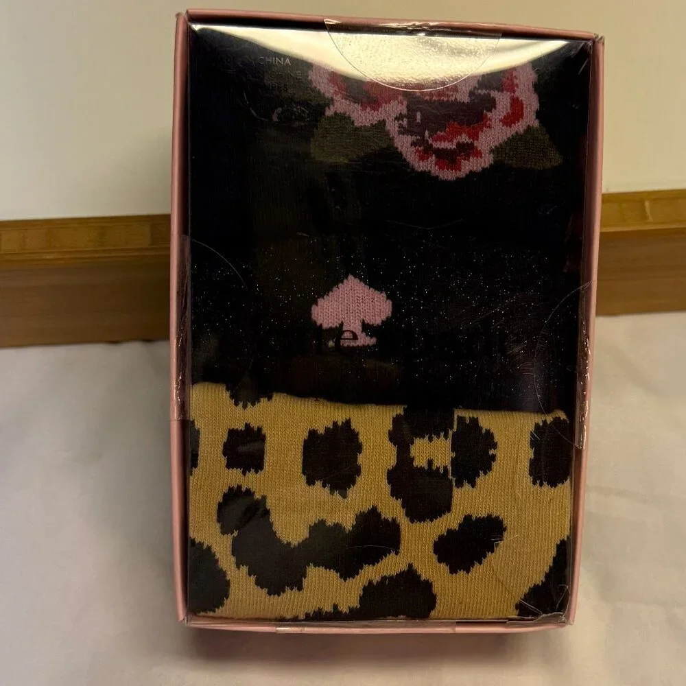 Kate Spade 3‎ Pair Crew Socks NIB Leopard Rose Gray Cozy Shoe Size 4-10