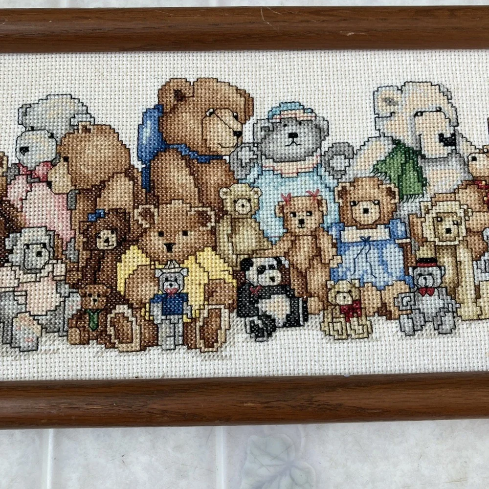 Teddy Bears Gathering‎ Counted Cross Stitch Picture Framed 3D Bear 16.75 X 7
