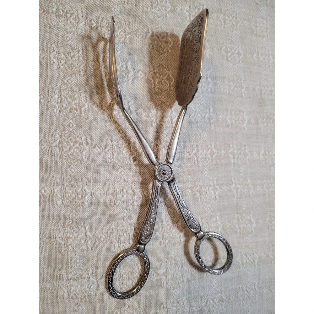 Antique‎ Victorian Silver Plated Cake Server Tongs with Ornate Engraving